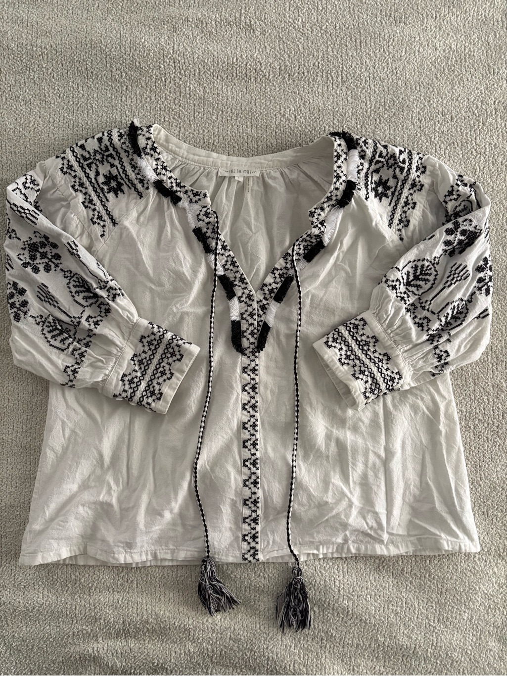 Free The Roses White Peasant Blouse With Black Embroidery